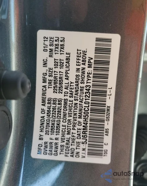 2012 Honda Cr-V Ex z USA, uszkodzony, nr VIN 5J6RM4H50CL012343